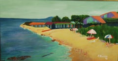 Umbrellas on the Beach in Sardinia, Modernist Painting on Canvas
