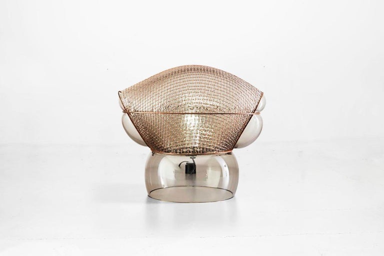 Late 20th Century Gae Aulenti Patroclo Lamp Italian Tinted Brown Glass and Metal Mesh Table Lamp For Sale