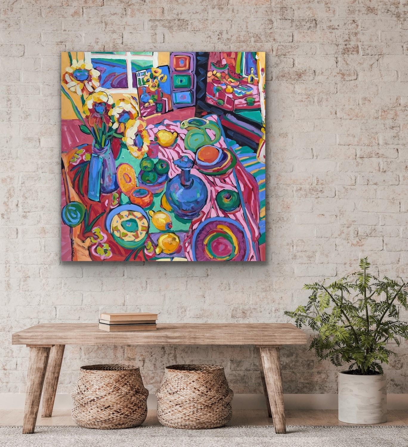 Obst Fancy farbenfrohes abstraktes Interieur 48 x 48 Kasein auf Leinwand -- Ein Angebot machen (Abstrakter Impressionismus), Painting, von Patsy Evins
