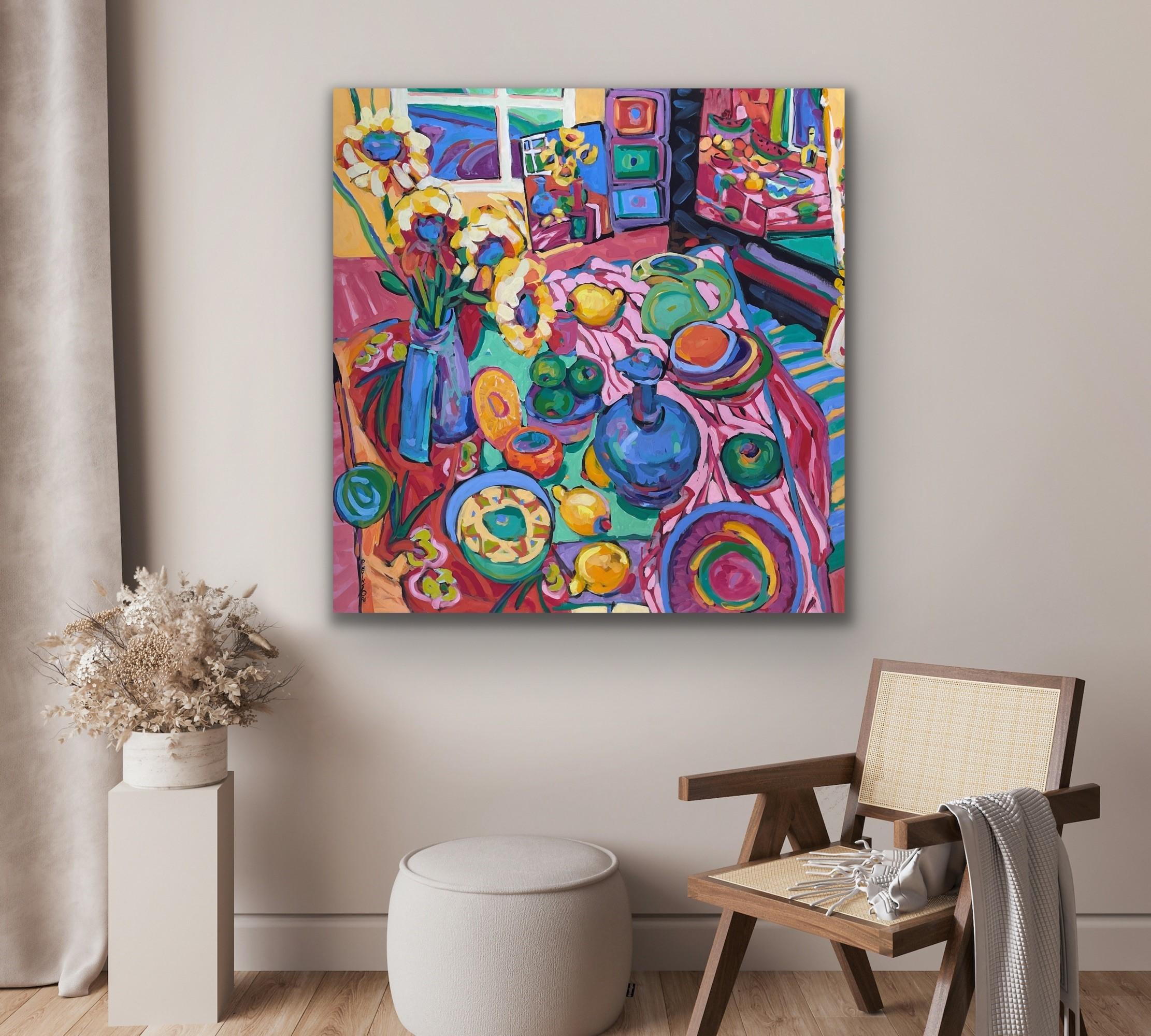 Frutta Fantasia colorata astratta interna 48 x 48 caseina su tela -- Fai un'offerta in vendita 1