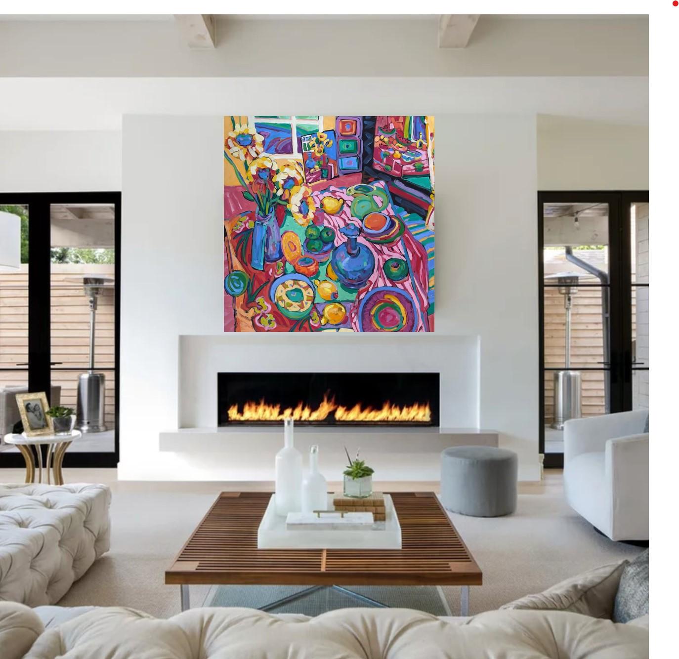 Obst Fancy farbenfrohes abstraktes Interieur 48 x 48 Kasein auf Leinwand -- Ein Angebot machen – Painting von Patsy Evins