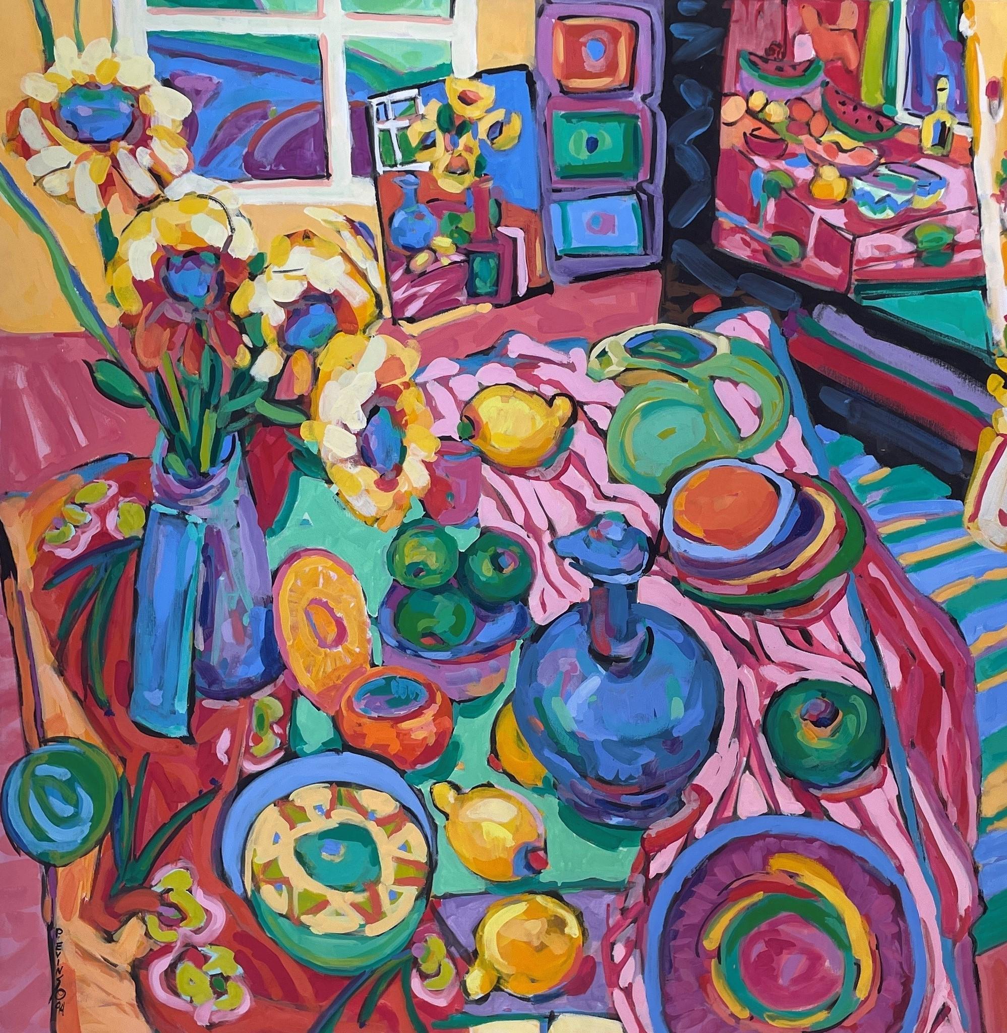 Obst Fancy farbenfrohes abstraktes Interieur 48 x 48 Kasein auf Leinwand -- Ein Angebot machen (Schwarz), Interior Painting, von Patsy Evins