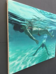 "Afternoon Cala Molto", Oil on canvas of underwater swimmers, cool tones