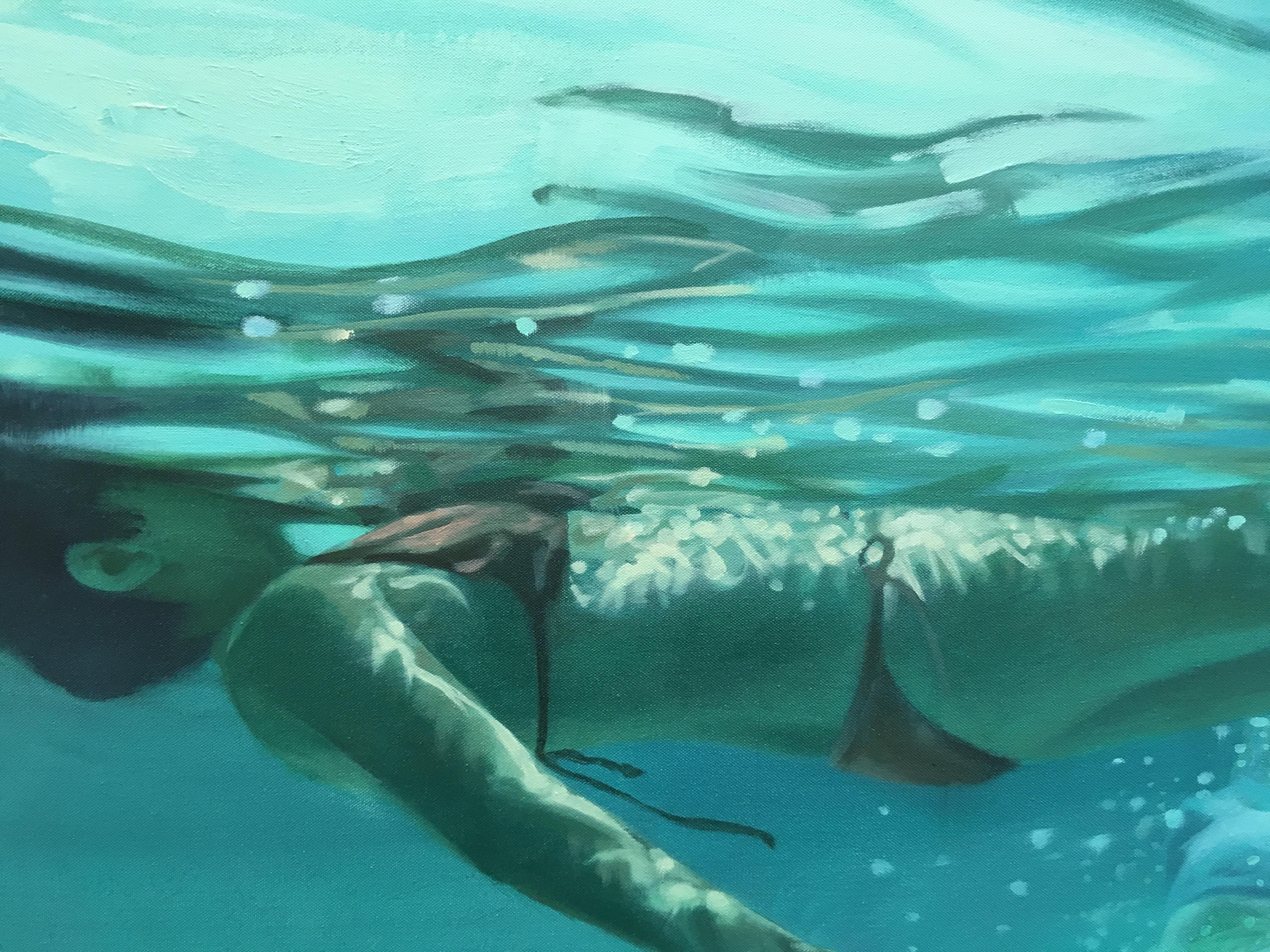 „Afternoon Cala Molto“, Ölgemälde auf Leinwand von Unterwasserschwimmern, kühle Töne (Realismus), Painting, von Patsy McArthur