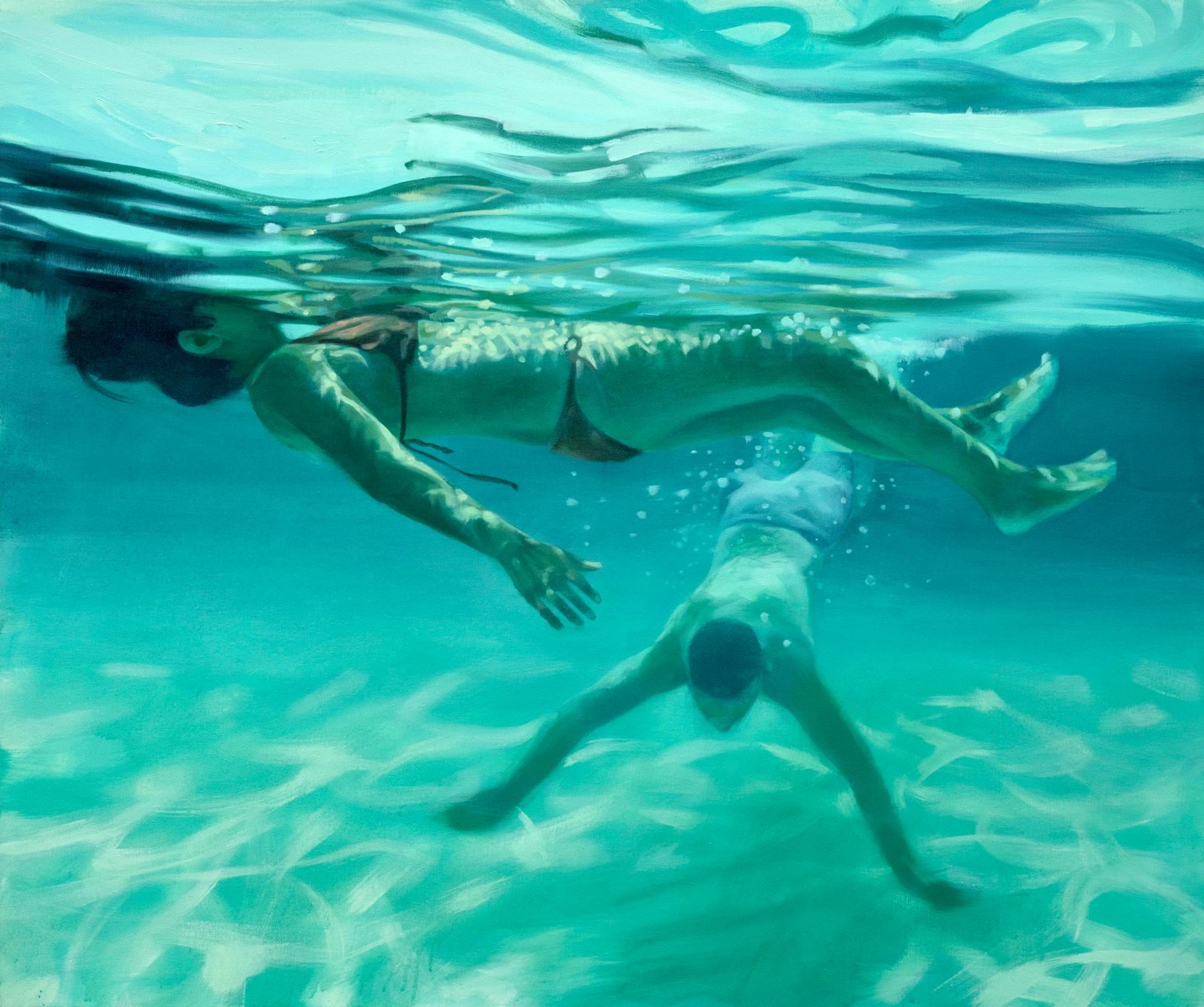 "Afternoon Cala Molto", Oil on canvas of underwater swimmers, cool tones