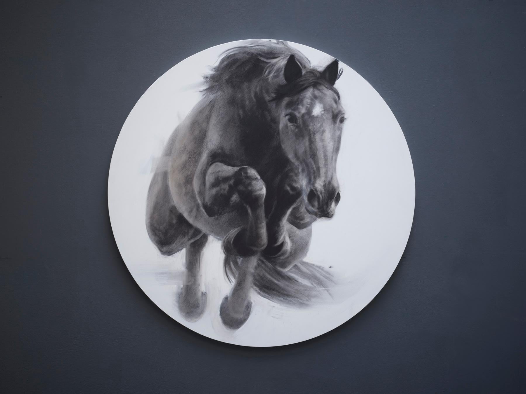  Eclipse, Jumping Horse Drawing, Charcoal, gesso and acrylic on circular board
