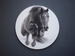 Eclipse, Dibujo de caballo de salto, Carboncillo, gesso y acrílico sobre tabla circular