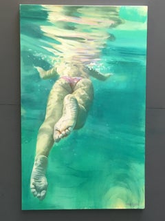 ""Lift Off", Unterwasserschwimmerin und beruhigendes grünes Wasser, Öl auf Leinwand