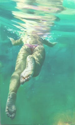 Vintage "Lift Off", Underwater female swimmer and soothing green water, Oil on canvas