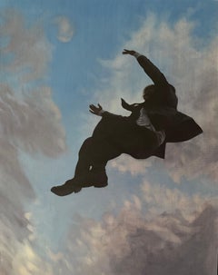 Liminal II - Pittura ad olio figurativa contemporanea, figura vestita che vola nel cielo