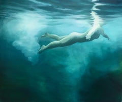 "Luminescence" by Patsy McArthur, Underwater nude female swimmer, Oil on canvas