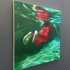 "Prism", Oil on canvas, underwater female swimmer with red dress, green water