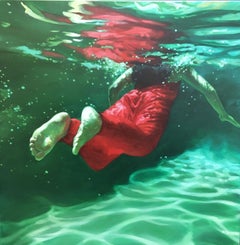 "Prism", Oil on canvas, underwater female swimmer with red dress, green water