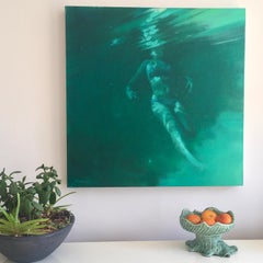 Schwimmer in Grün, Figurative Unterwasser-Ölmalerei, Zeitgenössische Schwimmkunst