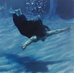 Schwereloses Blau, Unterwasserschwimmendes Gemälde, Figuratives Öl Zeitgenössische Kunst