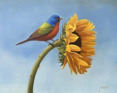 Pintura al Óleo Girasol y Pájaro Escribano, Bodegón, Enmarcado