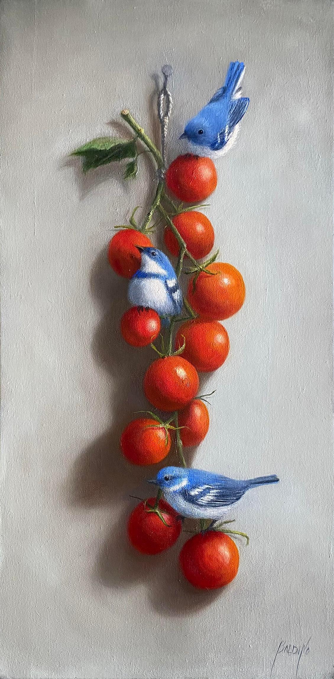 Patt Baldino Still-Life Painting – Tomatentango (Cerulean Warblers)