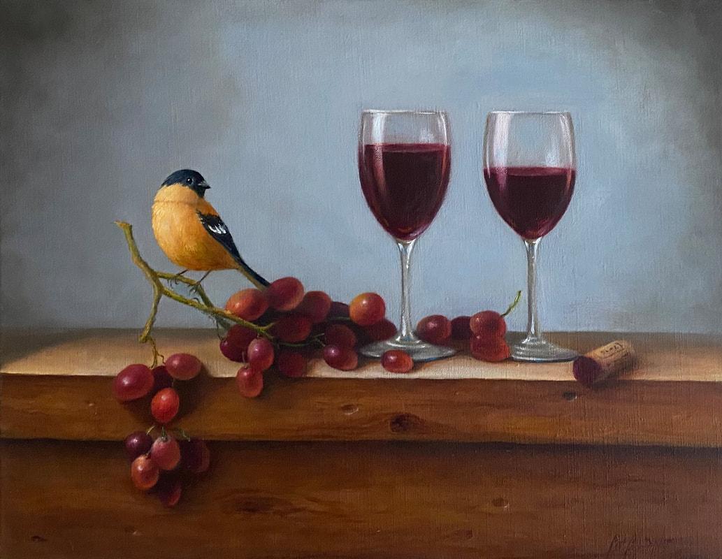 Patt Baldino Still-Life Painting – Wein für zwei (Flycatcher)