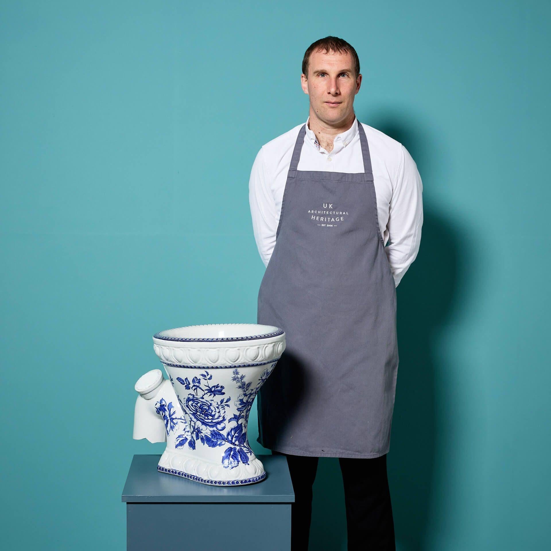 The Excelsior was a famed model of its time. Dating from the 1880s, this antique Victorian toilet is perfect for recreating a Victorian bathroom.

It features an attractive blue and white patterned bowl and decorative moulding to the glazed