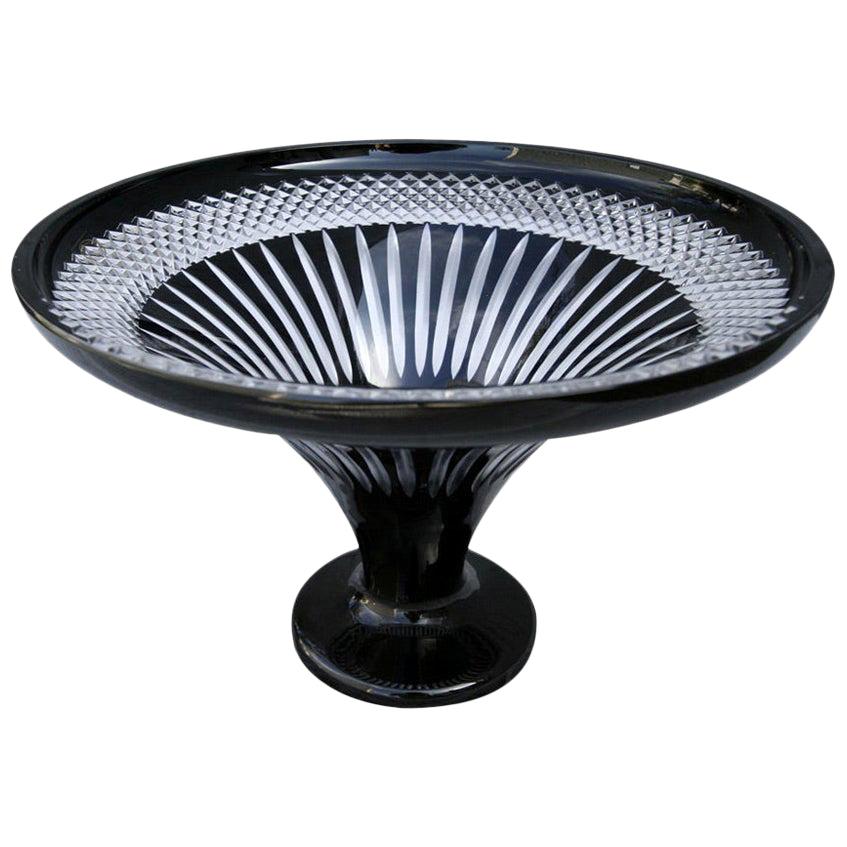 Patterned Black and Clear Cut-Glass Pedestal Bowl, 1960s