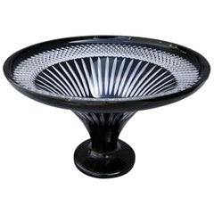 Retro Patterned Black and Clear Cut-Glass Pedestal Bowl, 1960s