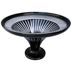 Vintage Patterned Black and Clear Cut-Glass Pedestal Bowl, 1960s