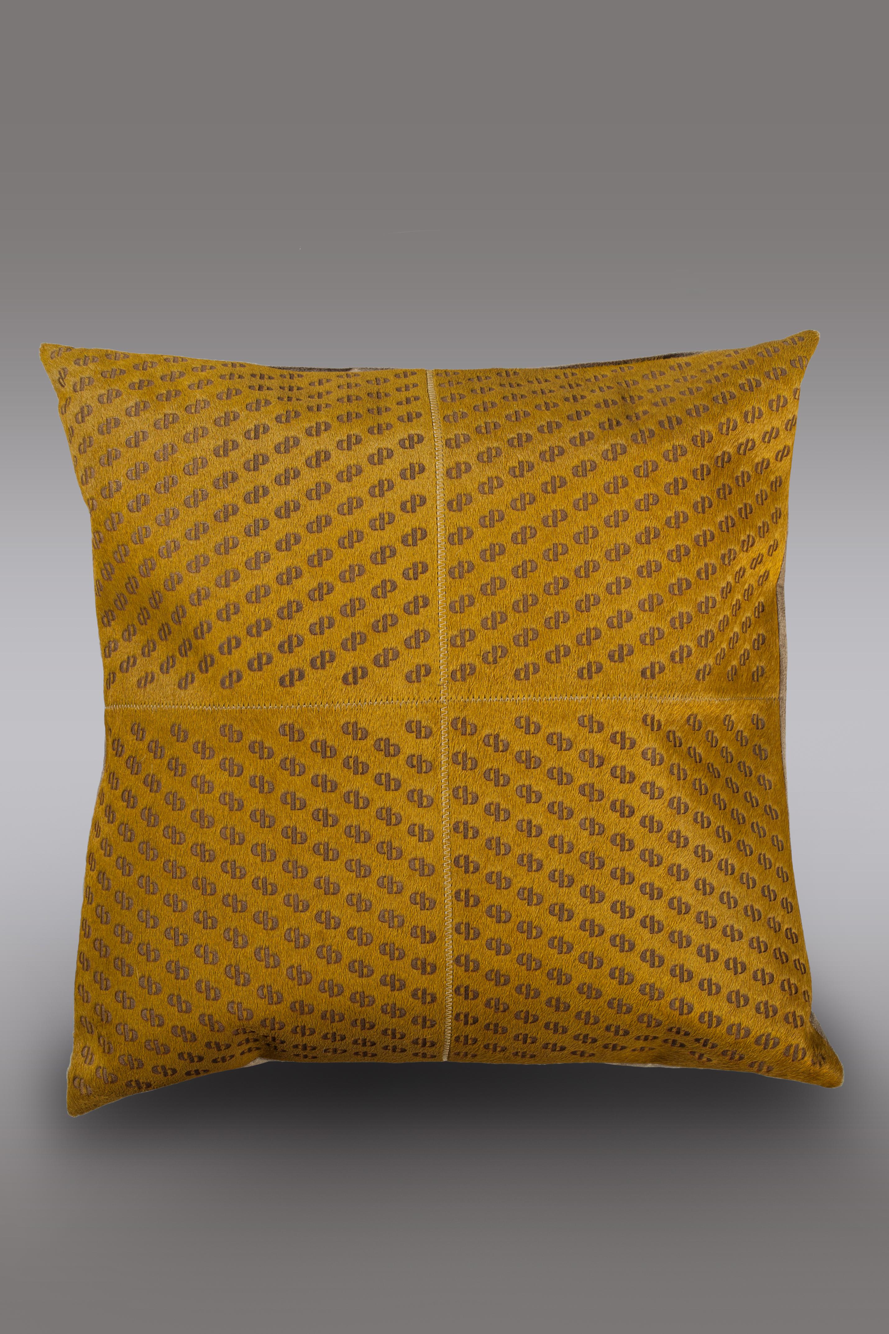 Modern Patterned Cowhide Cushions Mustard with Suedette Back and Leather Zip Tassels