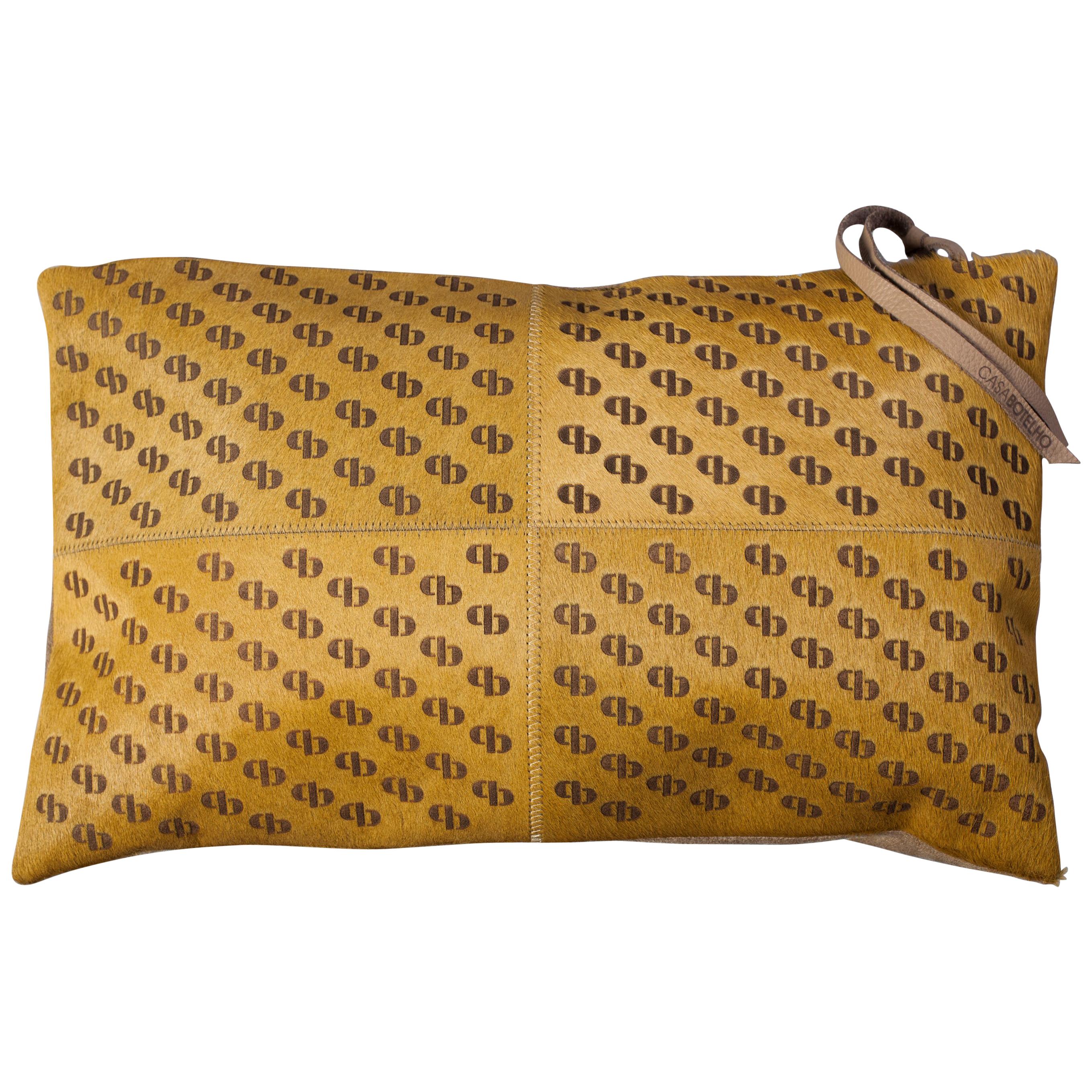 Patterned Cowhide Cushions Mustard with Suedette Back and Leather Zip Tassels