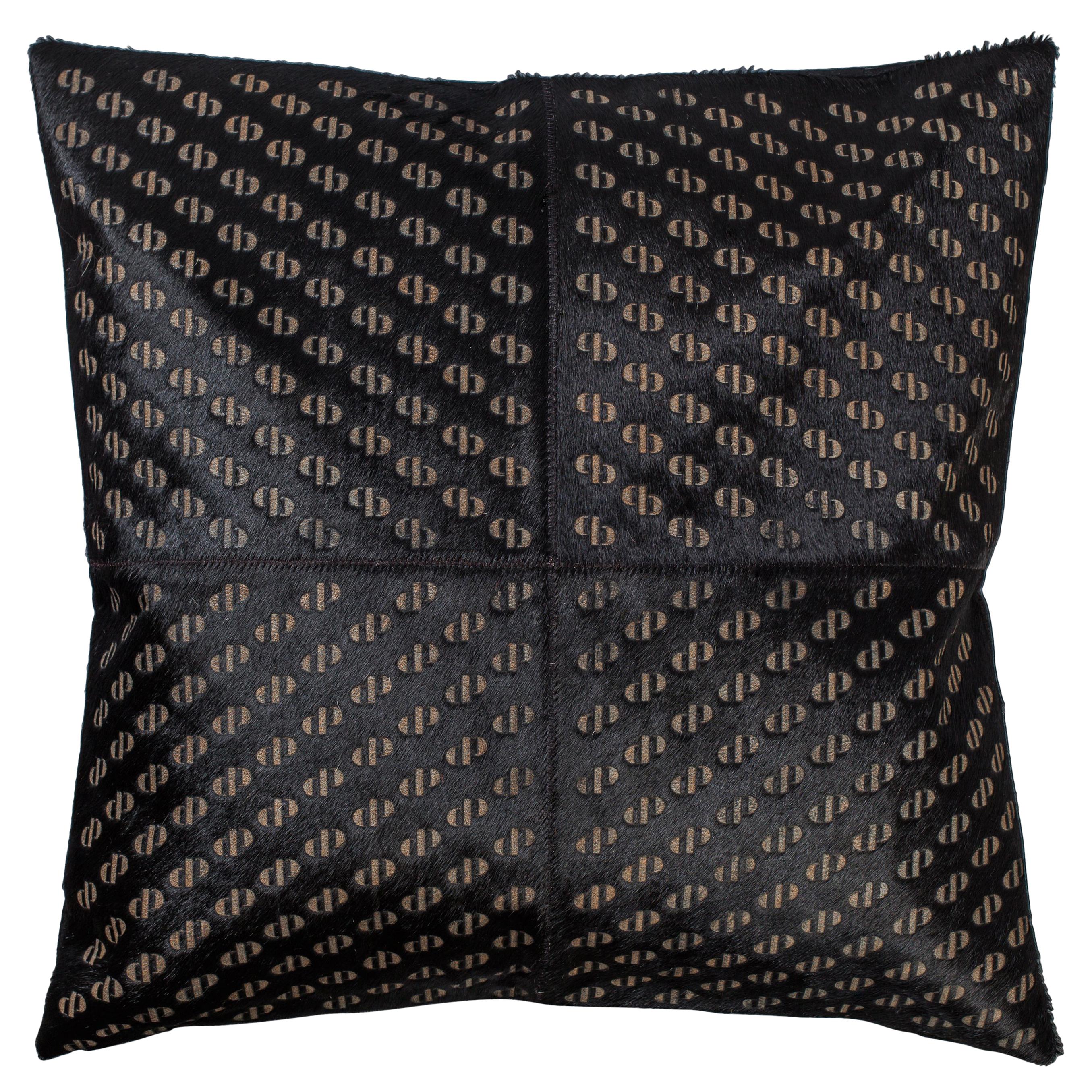 Patterned Cowhide Cushions Pitch Black and Leather Zip Tassels