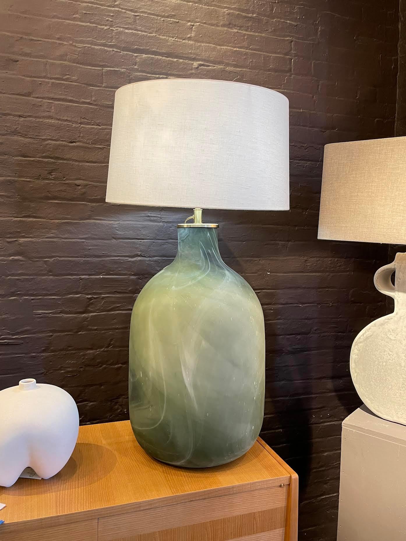 Patterned Green Glass Extra Large Pair Table Lamps, Romania, Contemporary In New Condition In New York, NY