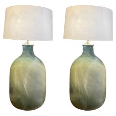 Patterned Green Glass Extra Large Pair Table Lamps, Romania, Contemporary