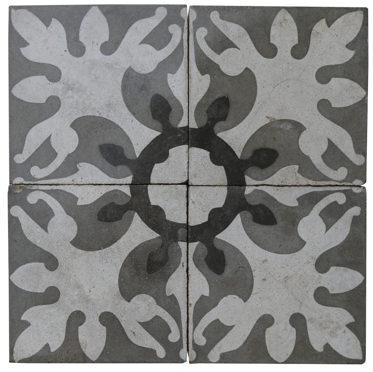 A set of 90 reclaimed encaustic cement tiles. These tiles will cover 3.6 m2 or 38 sq ft.