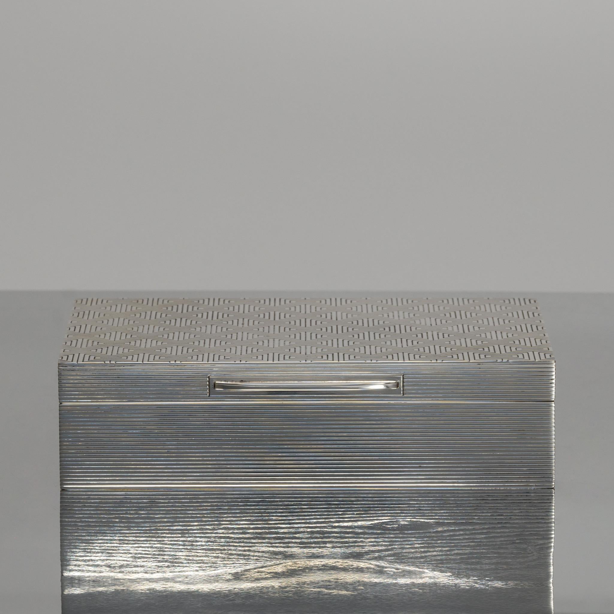 British Patterned Silver Cigarette Box, Hallmarked, 1960 For Sale