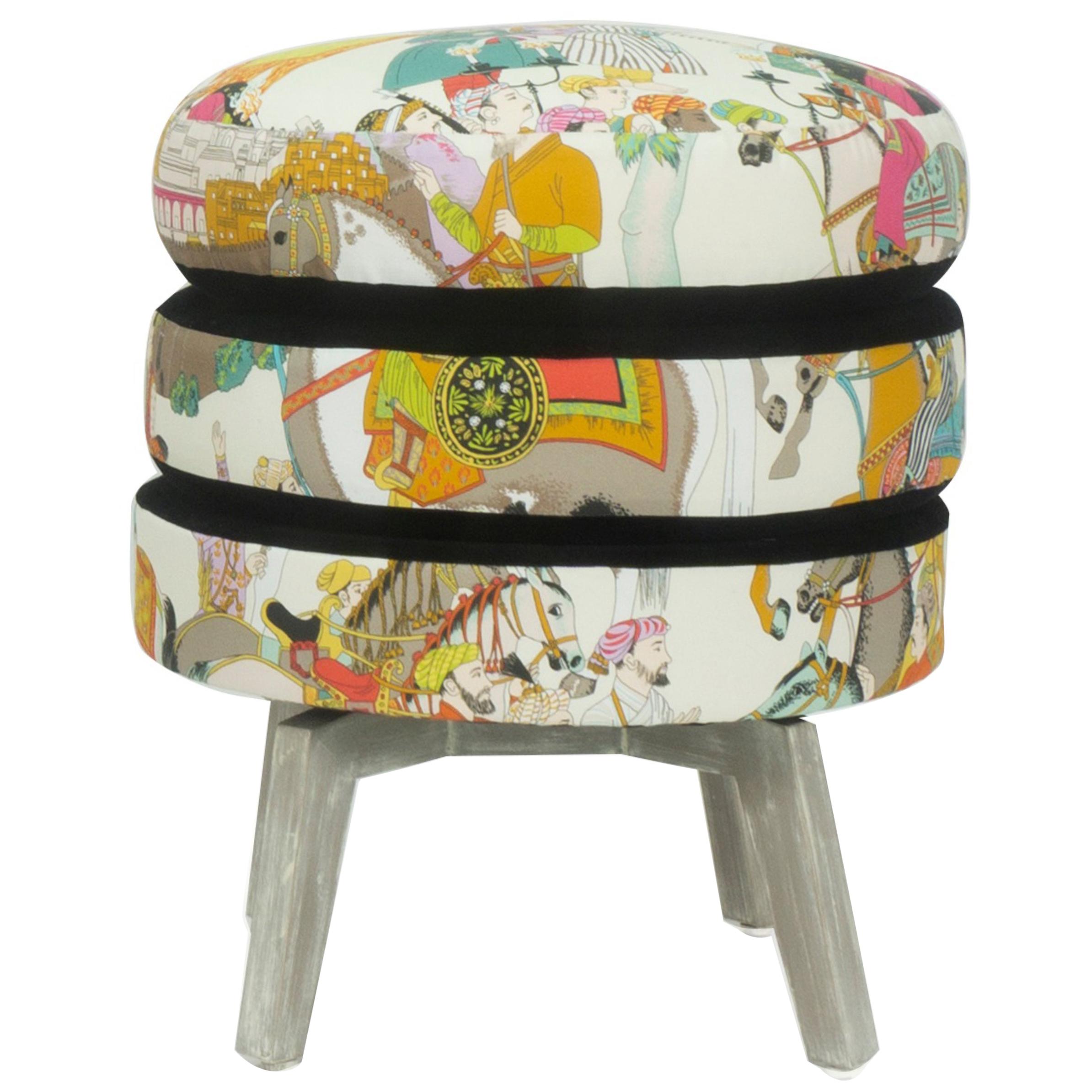 Patterned Three Layered Cushioned Ottoman Stool with Black Velvet Accent Fabric For Sale