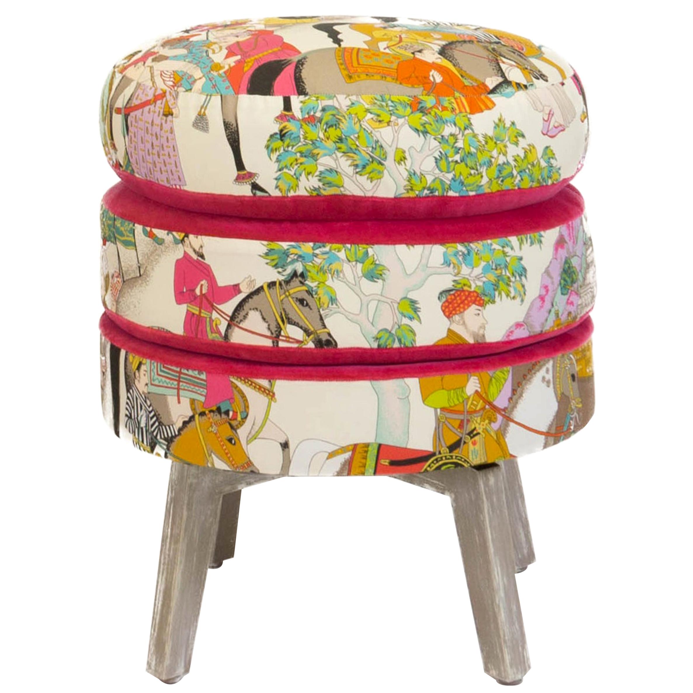 Patterned Three Layered Cushioned Ottoman Stool with Pink Velvet Accent Fabric