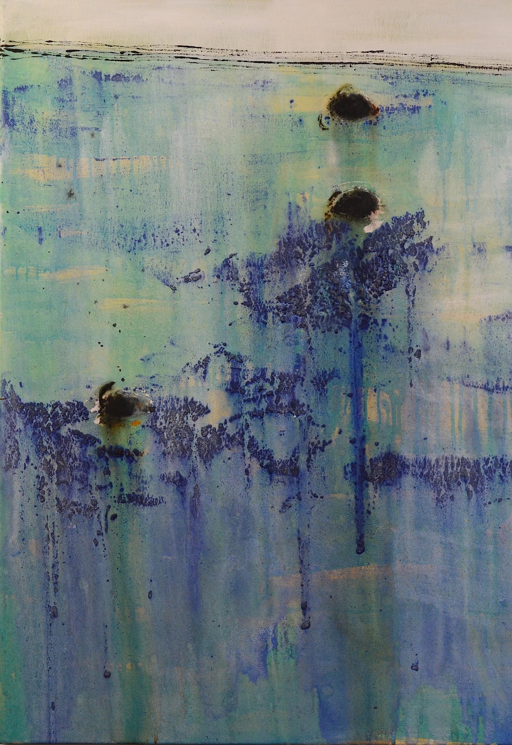 Patterson 8 abstrait bleu et vert. bateaux. grande peinture acrylique - Néo-expressionnisme Painting par PATTERSON, Yendris