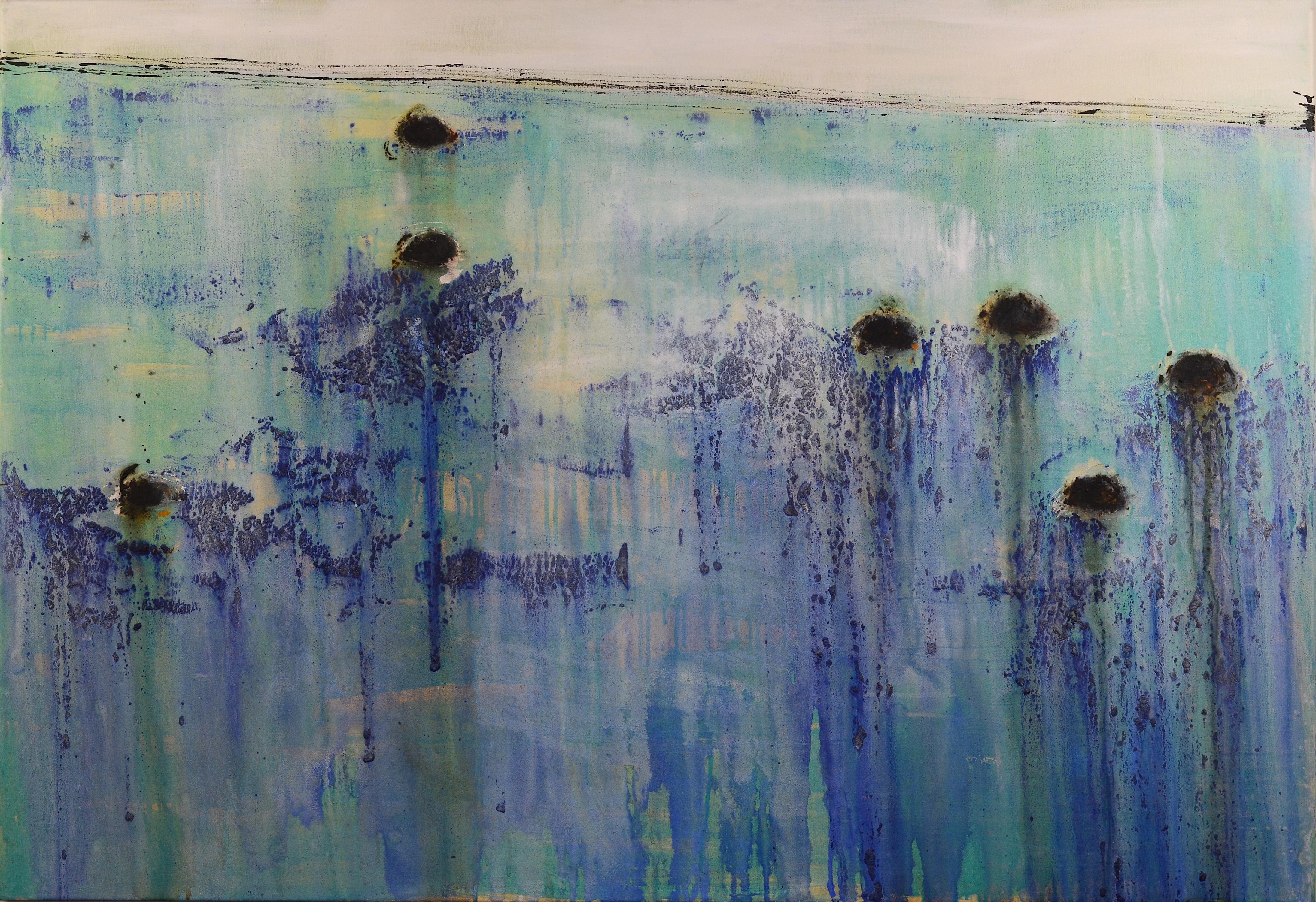 Abstract Painting PATTERSON, Yendris - Patterson 8 abstrait bleu et vert. bateaux. grande peinture acrylique