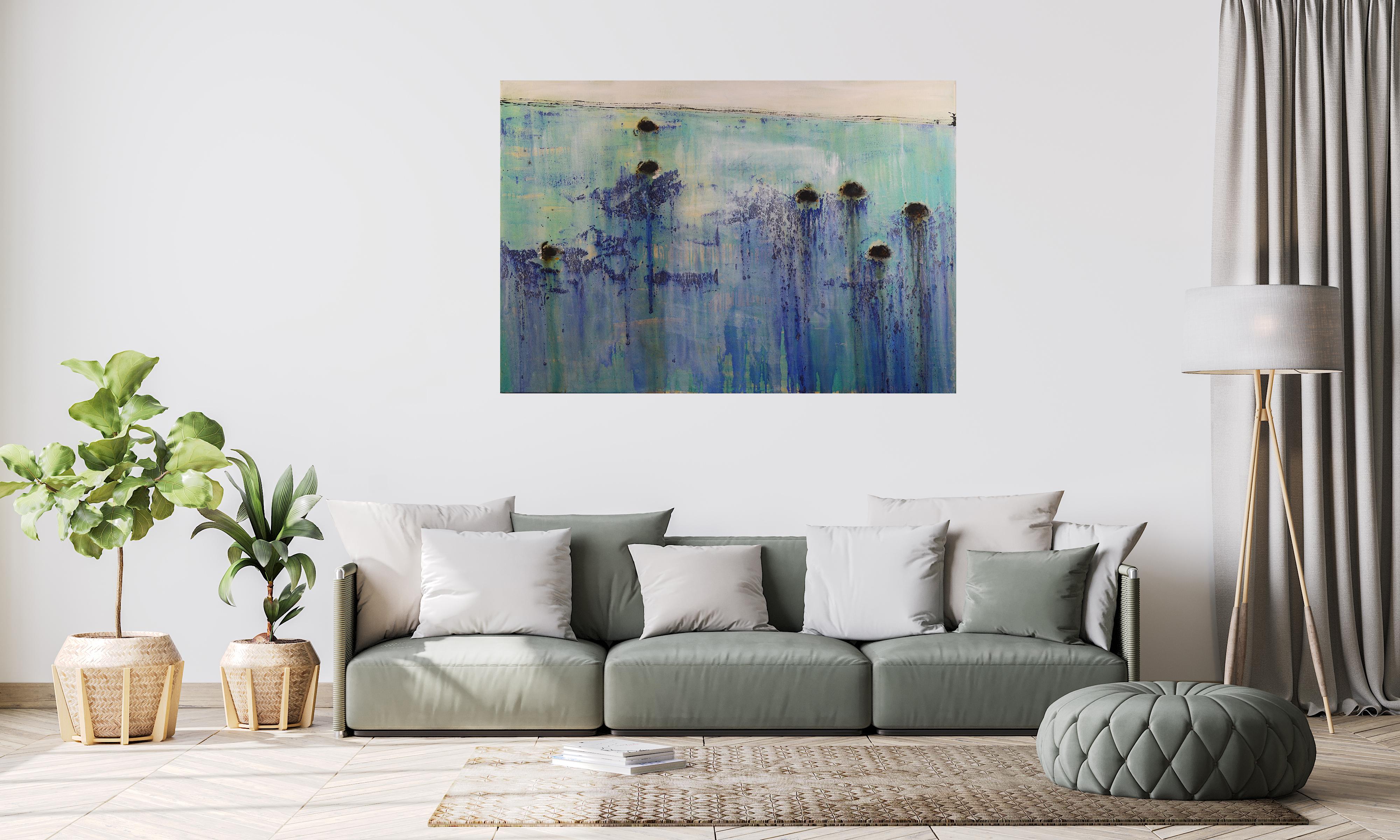 Patterson 23 abstract blue and green. boats. big. acrylic painting - Gray Abstract Painting by PATTERSON, Yendris