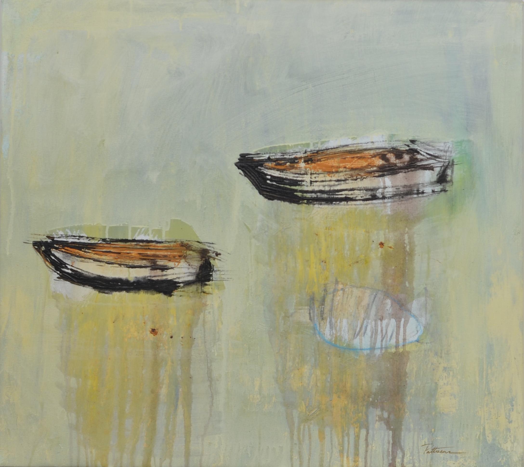 PATTERSON, Yendris Abstract Painting - Patterson  Boats  Green  Golden acrylic painting