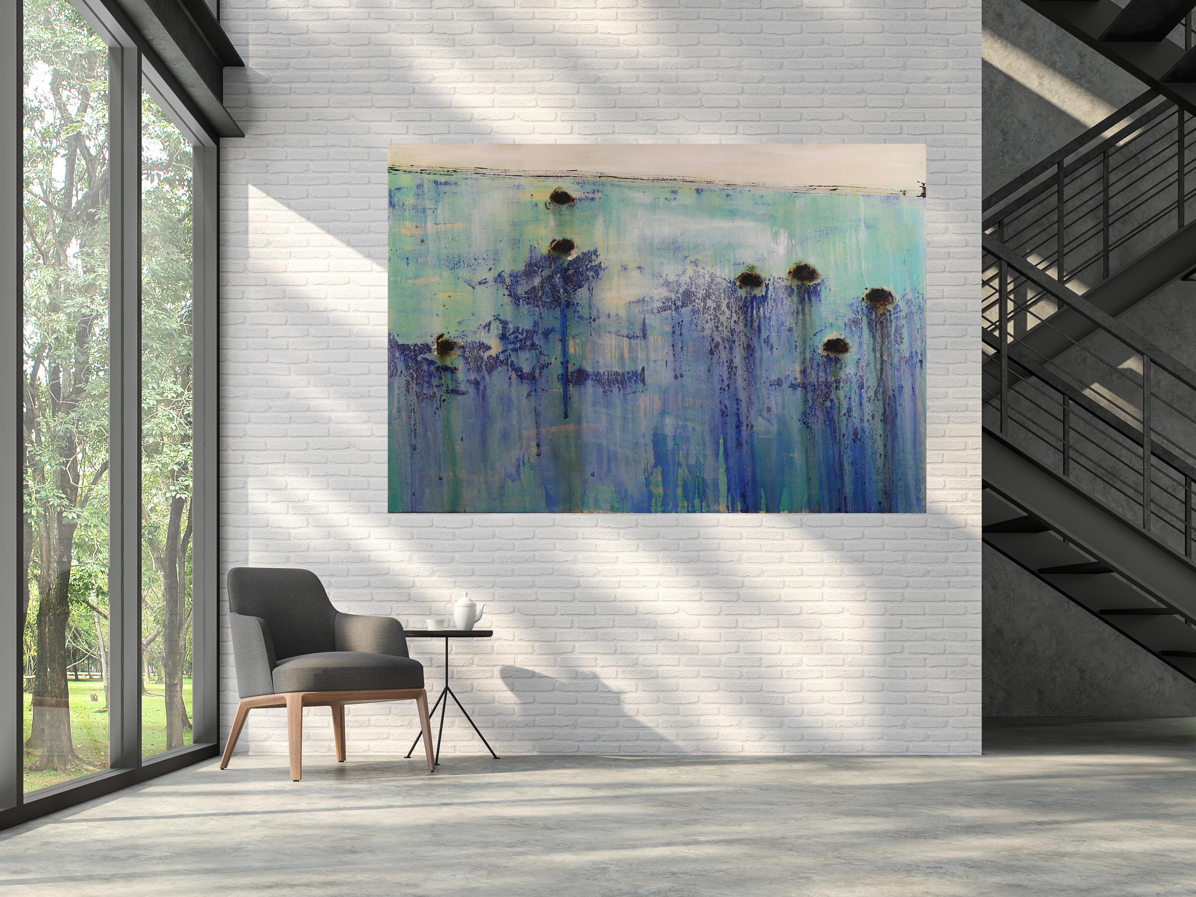 Patterson  Abstraktes blaues und grünes. Boote. groß. Acrylgemälde im Angebot 1