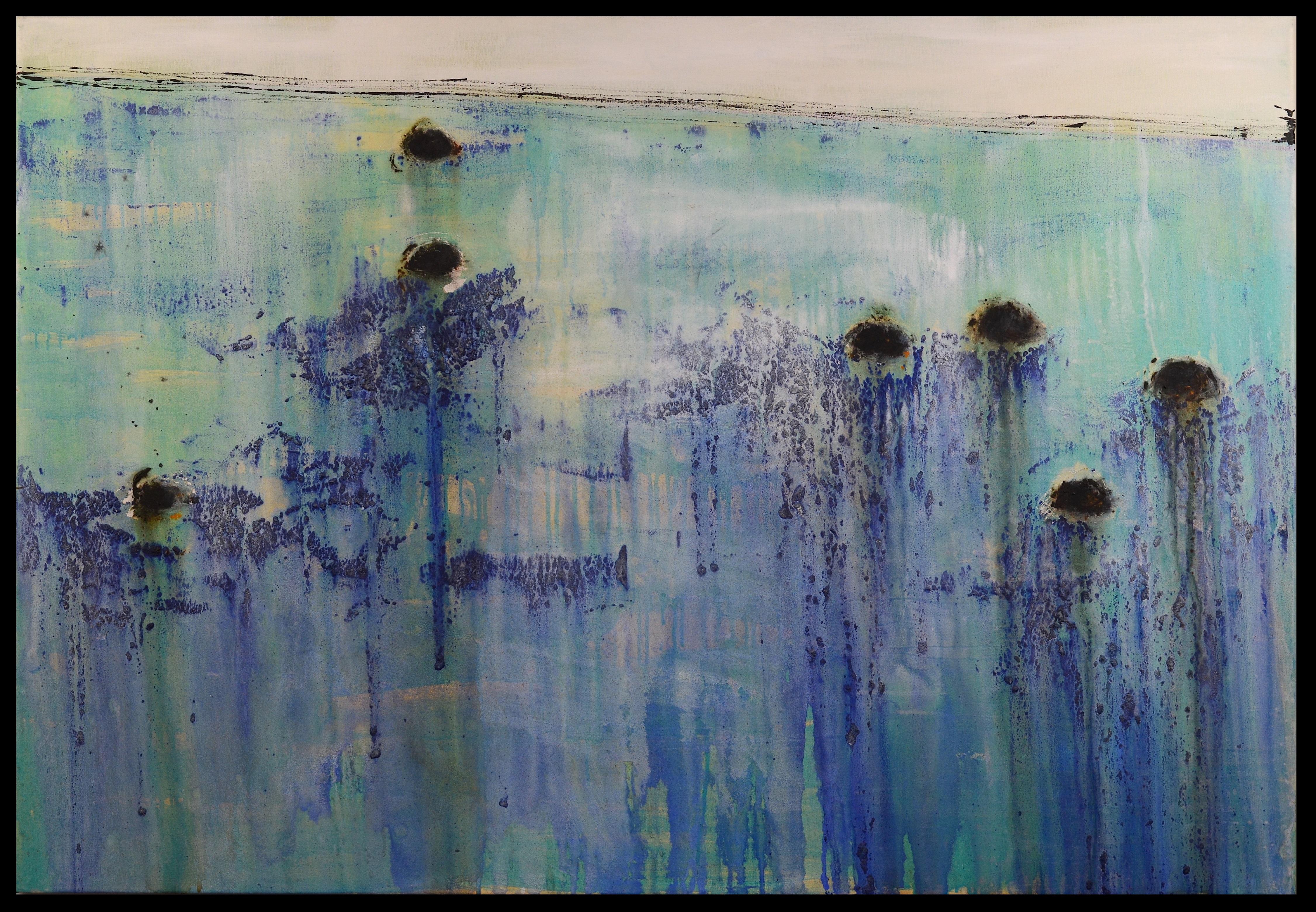 PATTERSON, Yendris Abstract Painting - Patterson  abstract blue and green. boats. big. acrylic painting