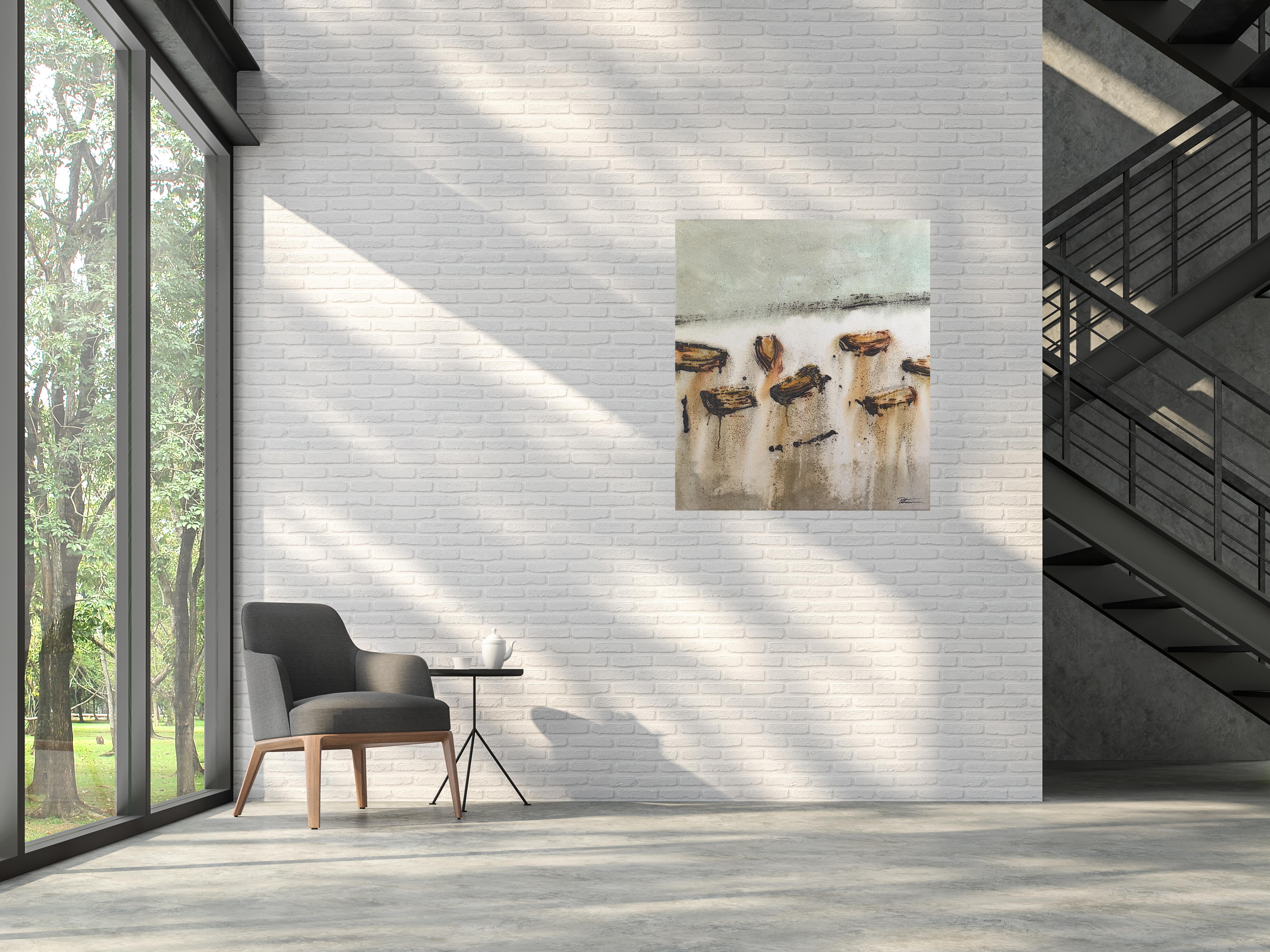Patterson   Boat  Vertical  sin titulo 9. acrylic painting - Brown Landscape Painting by PATTERSON, Yendris