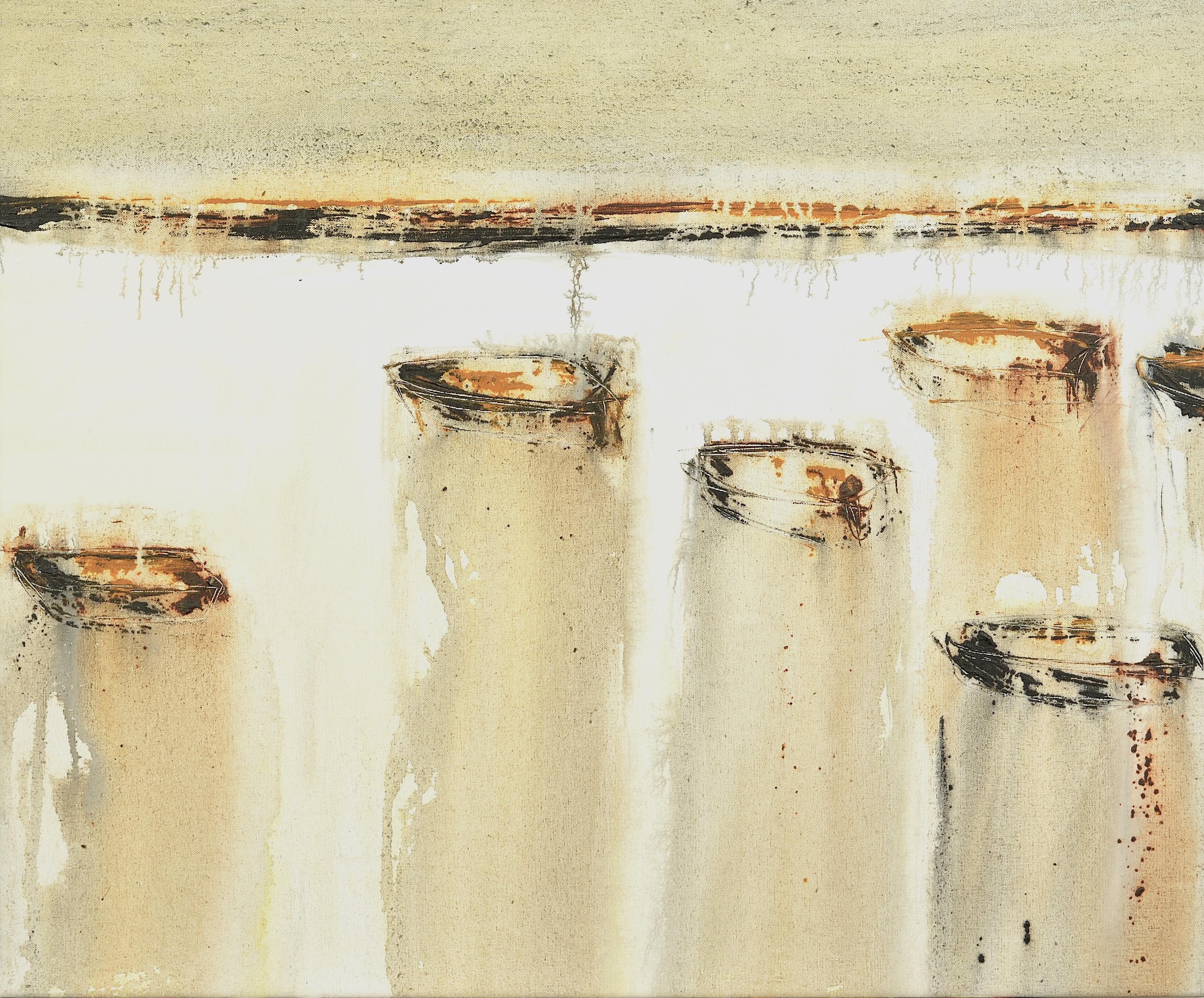 PATTERSON, Yendris Landscape Painting – Patterson  Boote im Meer. Acryl-Leinwandgemälde