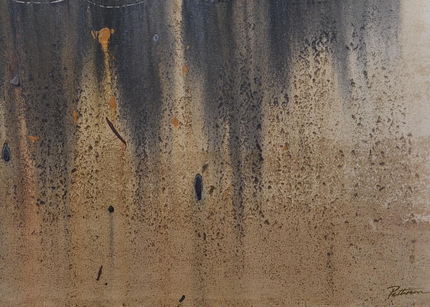 Patterson  Boats on the Coast  Ocher and Black abstract acrylic painting - Painting by PATTERSON, Yendris