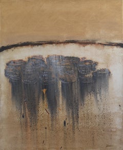 Patterson  Boats on the Coast  Ocher and Black abstract acrylic painting