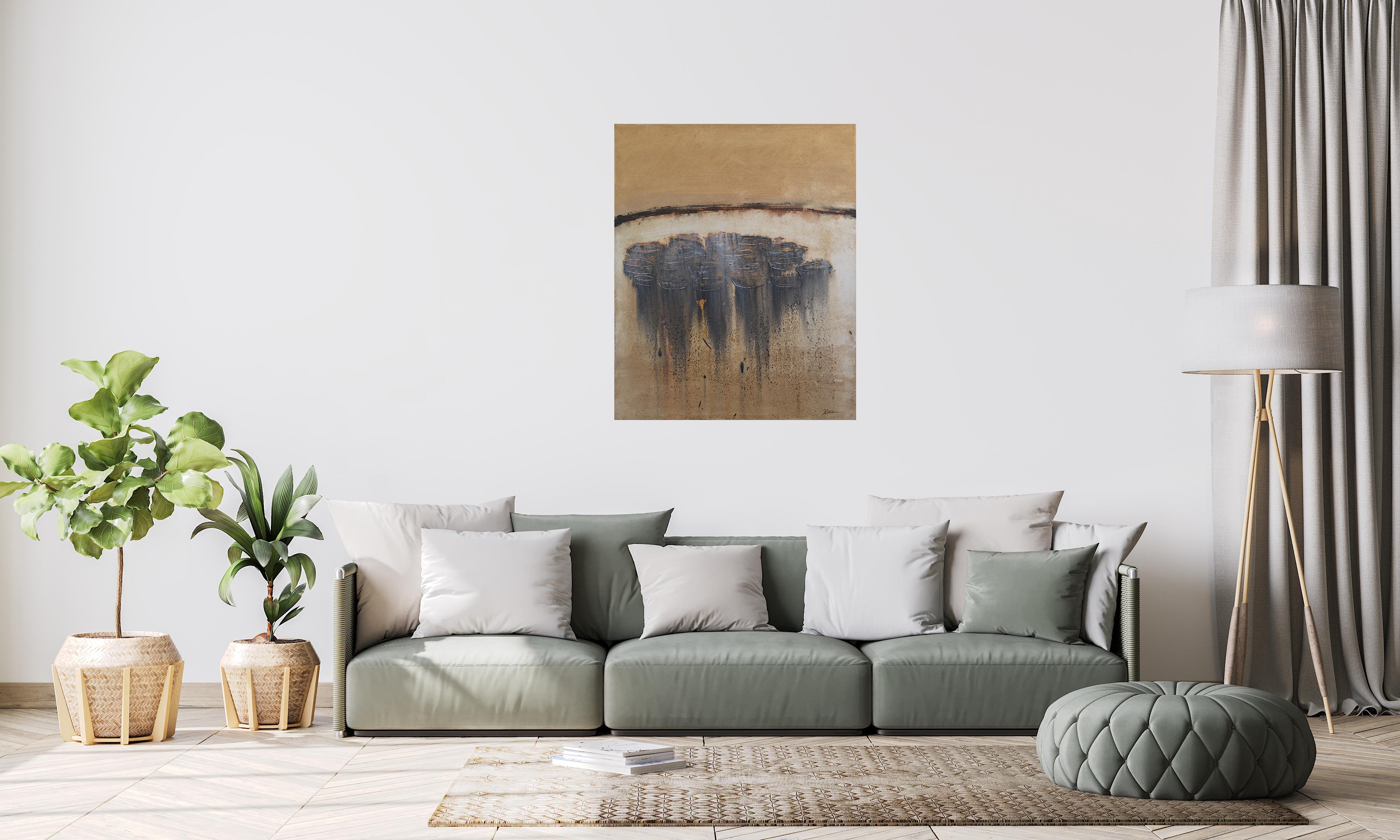 Patterson  Boats on the Coast  Ocher and Black abstract acrylic painting - Brown Landscape Painting by PATTERSON, Yendris