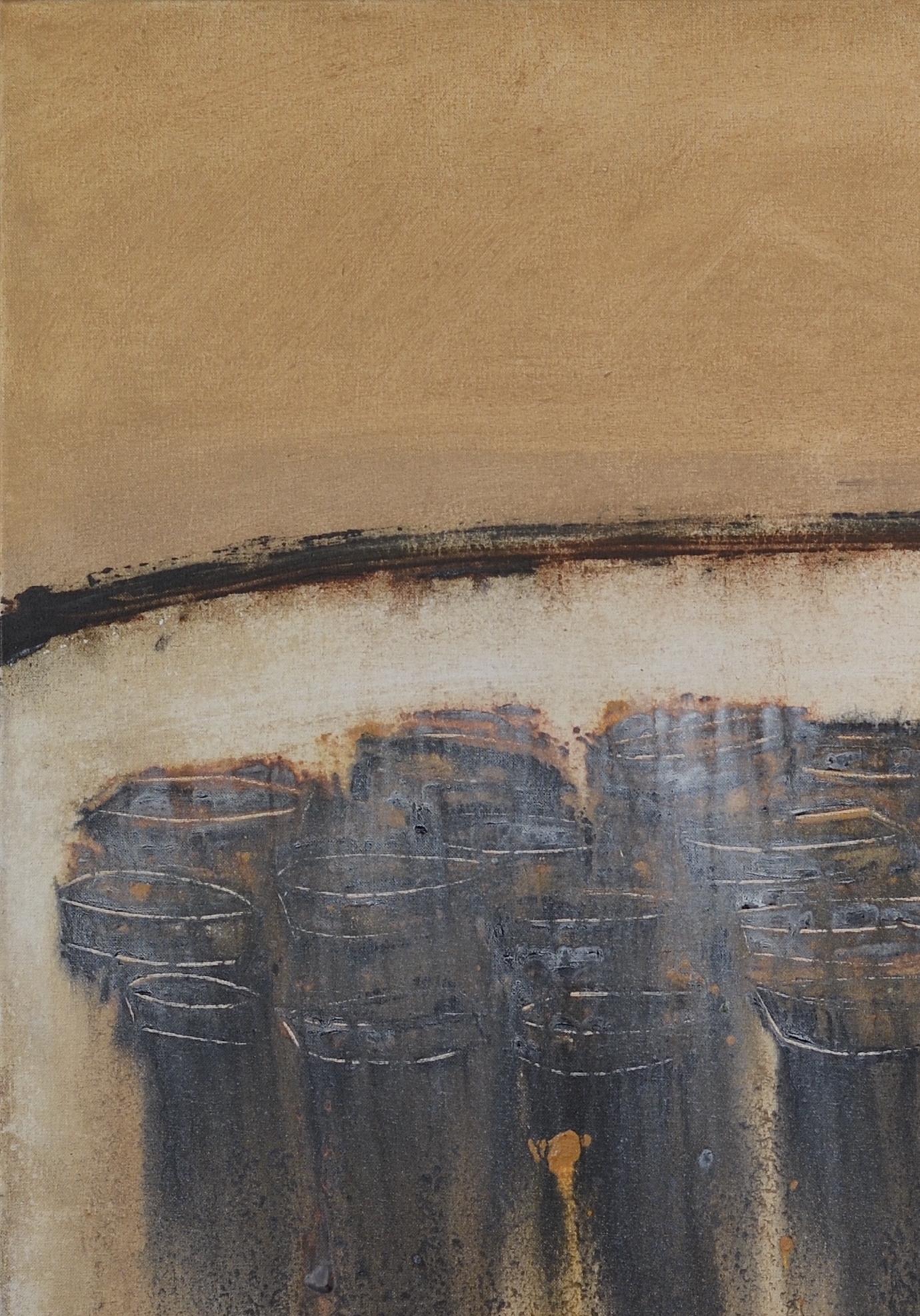 Patterson  Boote an der Küste  Ocker und schwarzes abstraktes Acrylgemälde (Braun), Landscape Painting, von PATTERSON, Yendris