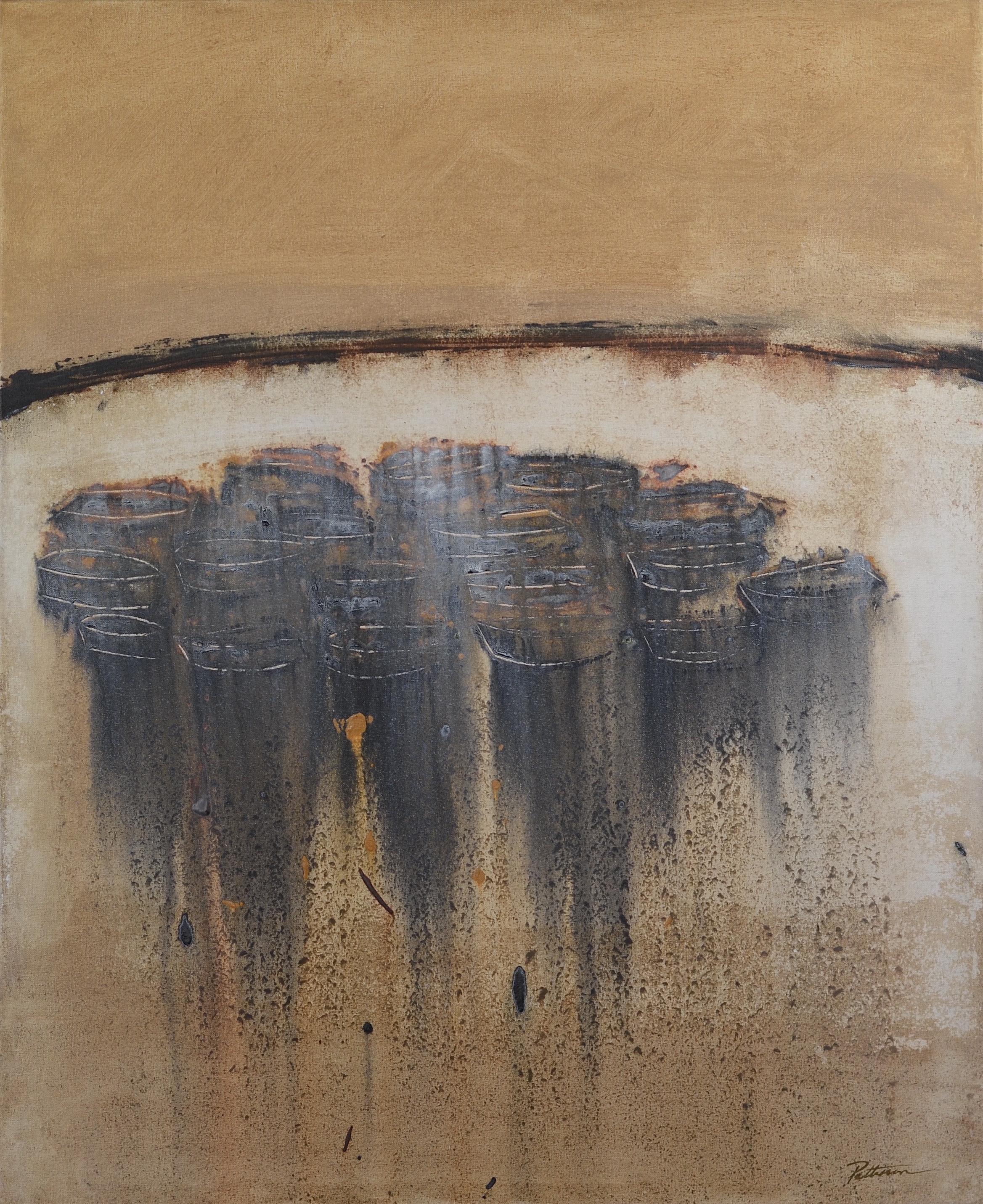 Landscape Painting di PATTERSON, Yendris - Patterson  Barche sulla costa  Pittura acrilica astratta ocra e nera