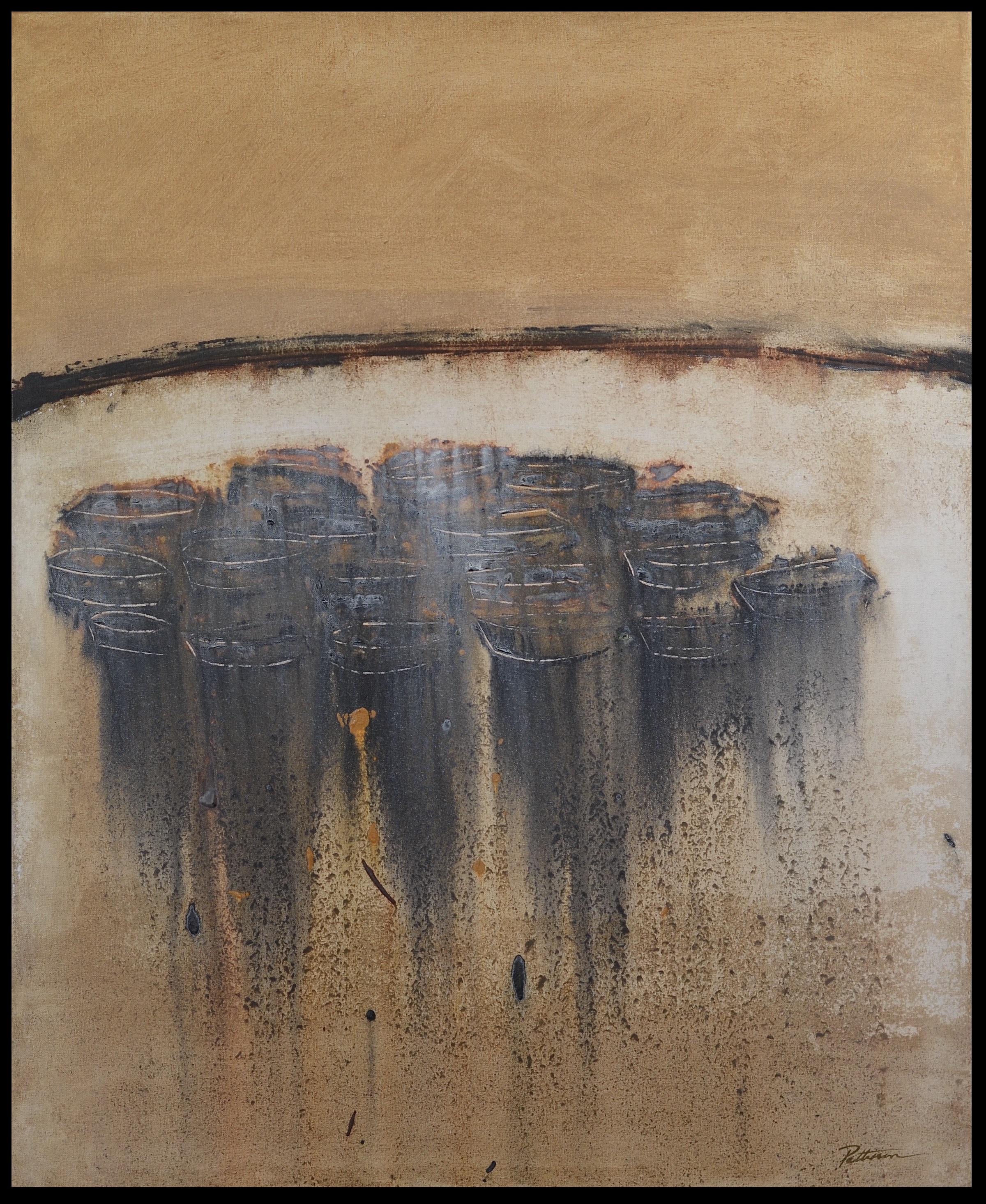Patterson  Bateaux sur la côte  Peinture acrylique abstraite ocre et noire