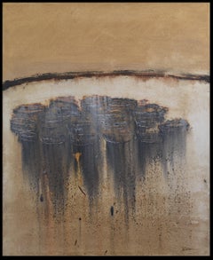 Patterson  Bateaux sur la côte  Peinture acrylique abstraite ocre et noire